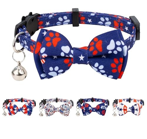 Patriotic US Flag Cat Collar with Bowtie Bell Breakaway Safety for Kittens 7-11in