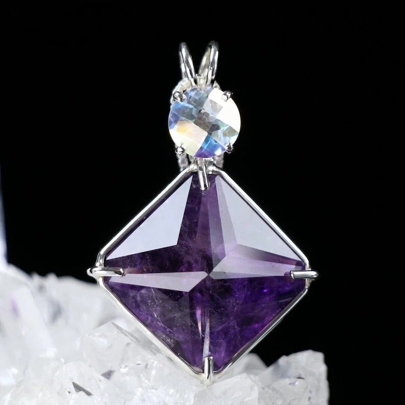 Amethyst Quartz Magician Stone Pendant with Mystic Topaz in Sterling Silver  