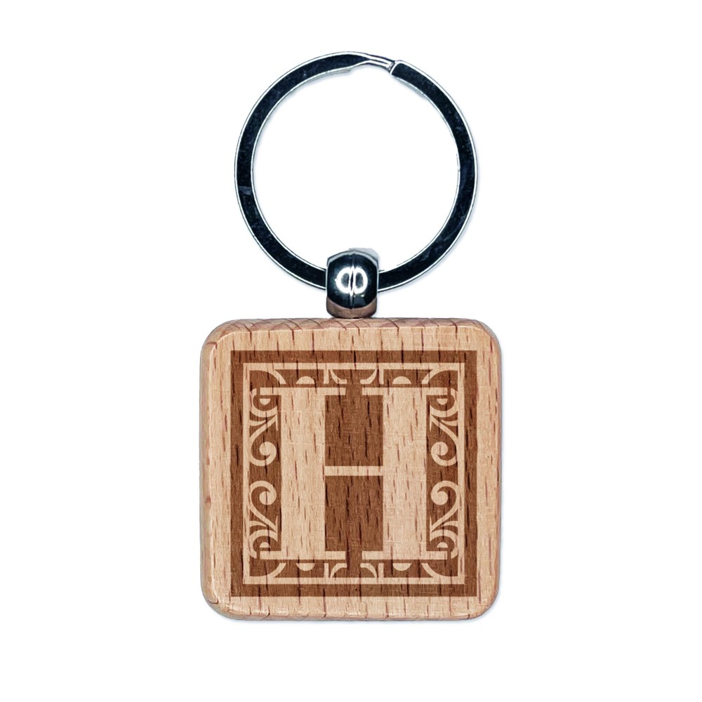 Monogram Swirls Capital Letter H Engraved Wood Square Keychain Tag Charm