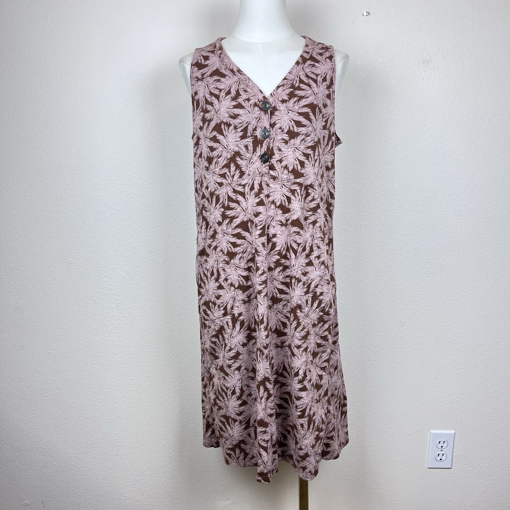 J Jill Dress Womens Medium Sleeveless Shift Pockets Travel Tropical Boho Brown