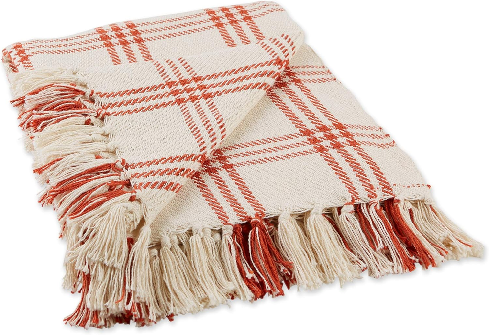 Modern Farmhouse Plaid Collection Cotton Fringe Throw Blanket, 50X60, White/Vint