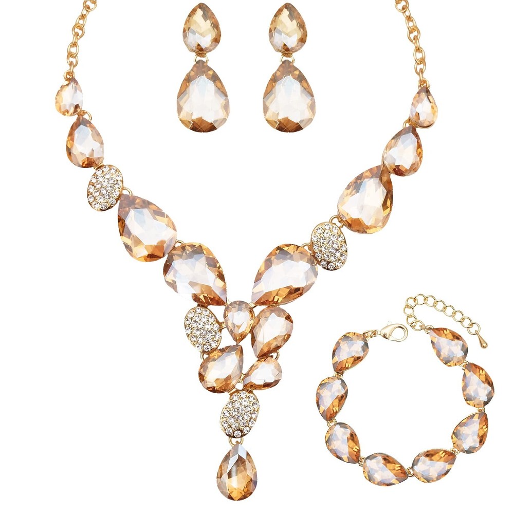 CSY Elegant Austrian Crystal Necklace Drop Earrings Bracelet Set Bridal Weddi...