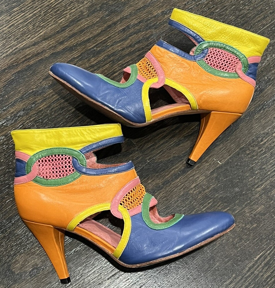 Diesel Heels Women’s 8 Aries Colorblock Leather Cutout Booties Colorful Mesh