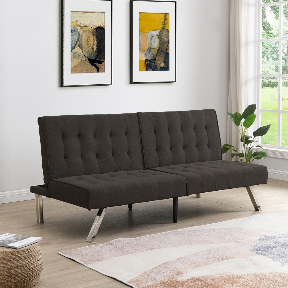 Ergonomic Espresso Futon Sofa Bed with Wood Frame & Stainless Leg