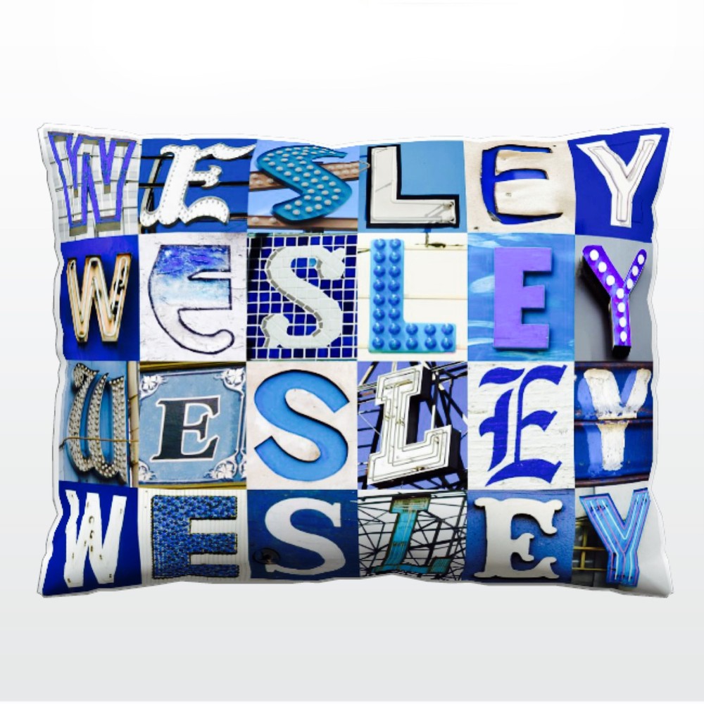 Personalized Pillow featuring the name WESLEY in photos of BLUE sign letters