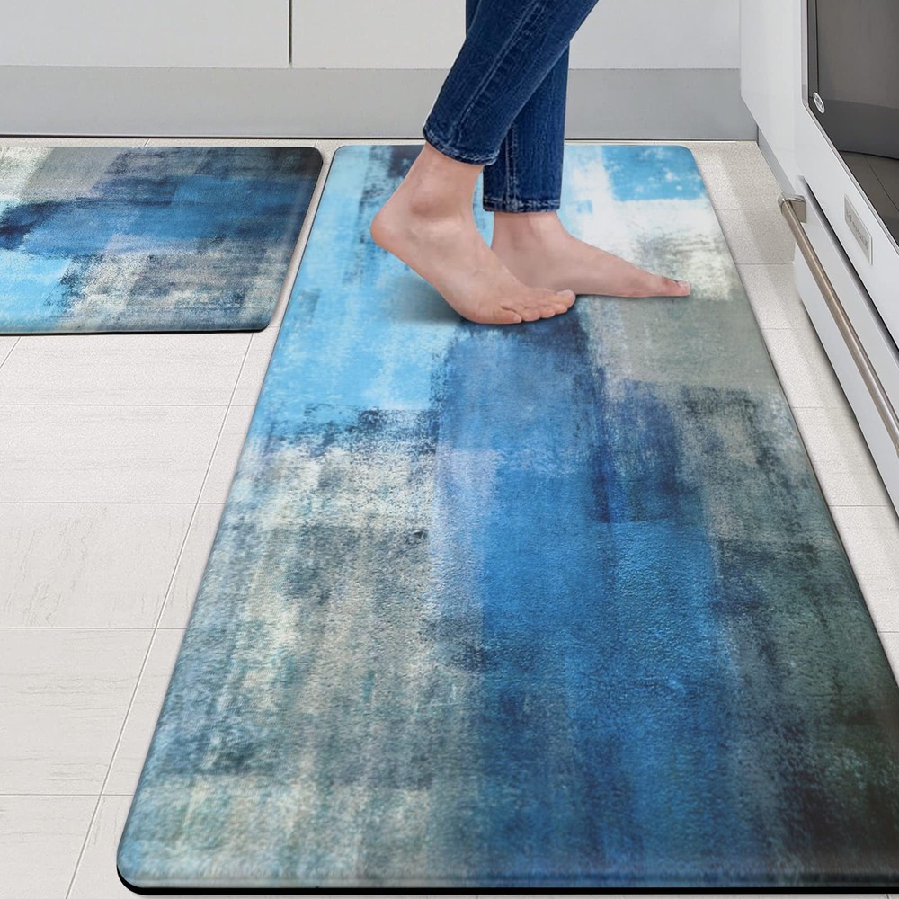 Anti Fatigue Kitchen Mat Set of 2 Teal and Marble Design Comfort Mats for Standing Support