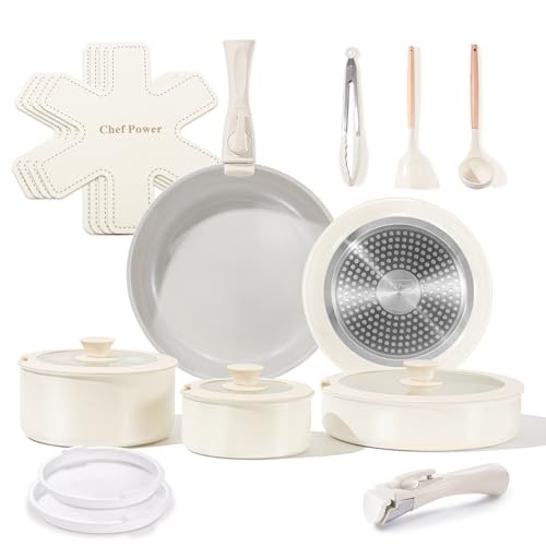 19-Piece Ceramic Nonstick Cookware Set with Detachable Handle for Induction Stoves