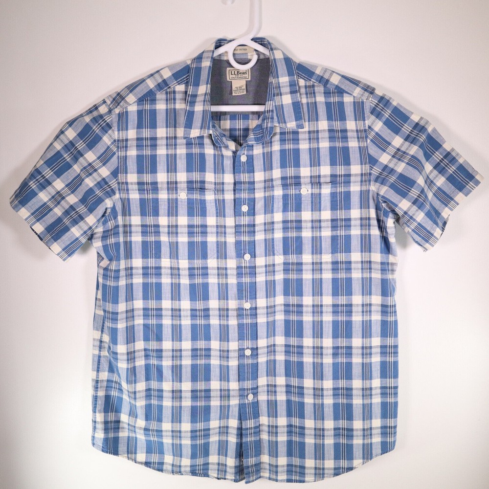 LL Bean Mens XL Regular Fit Short Sleeve Plaid Button Down Shirt Blue