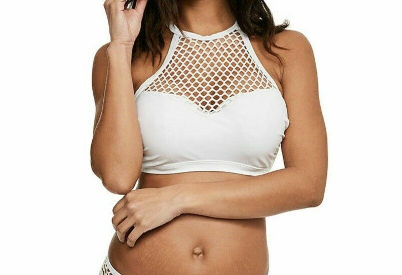 Figleaves Surf Shore Underwired Mesh Bikini Top White 32E Padded High Neck