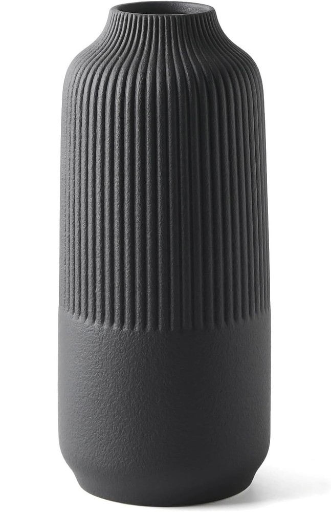 Ceramic Flower Vase Large Matte Black Vase for Home Decor Ribbed Vase for Roo...