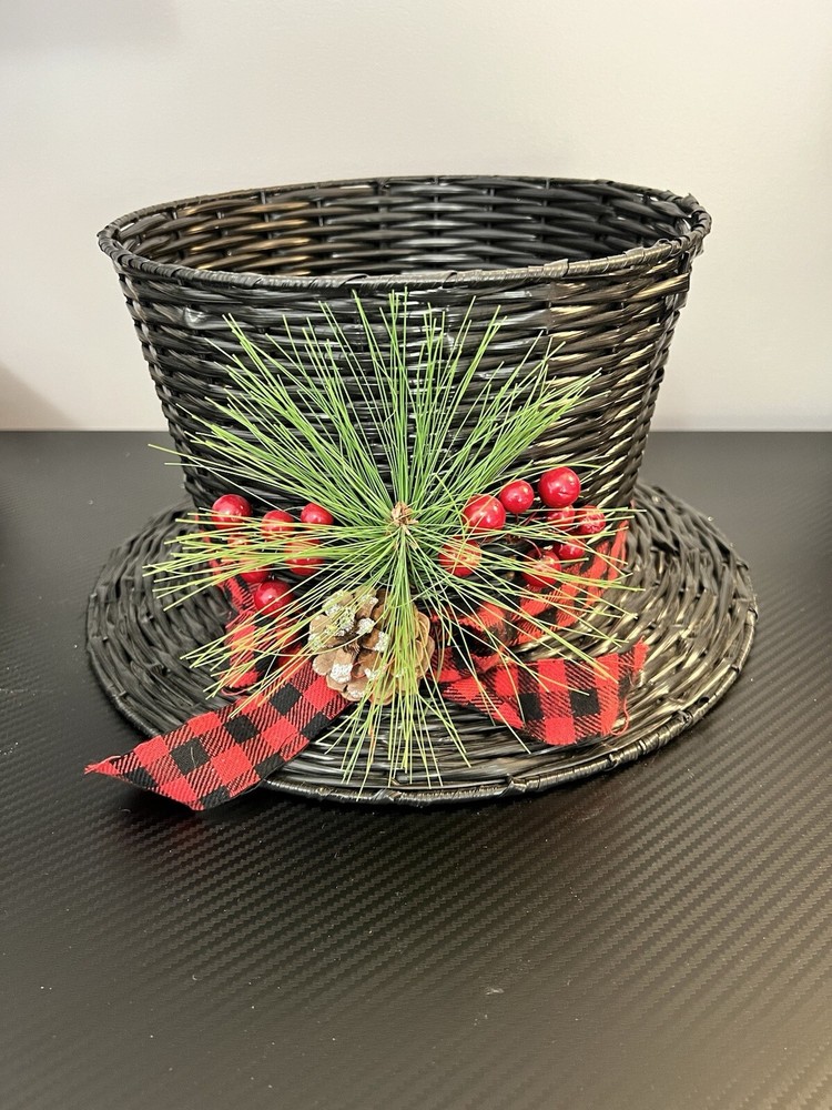 Black Wicker Snowman Hat Planter Display 7” X 13” Red Black Sash W/ Pine Accent