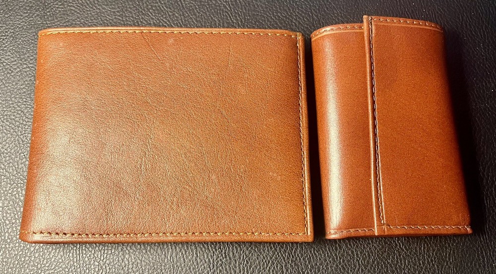 Authentic Hard Leather Wallet & Snap Key Billfold Set with Box