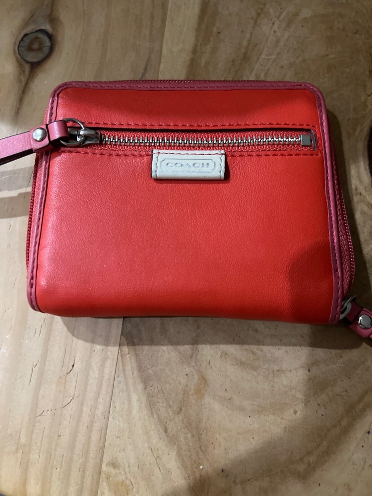 COACH Orange and Pink Zip-Around Wallet with Leather Accents