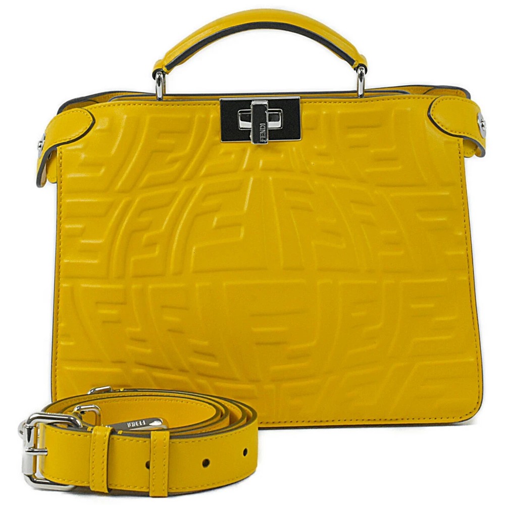 FENDI Peekaboo ISeeU Leather Shoulder Bag Yellow 7VA530 Authentic