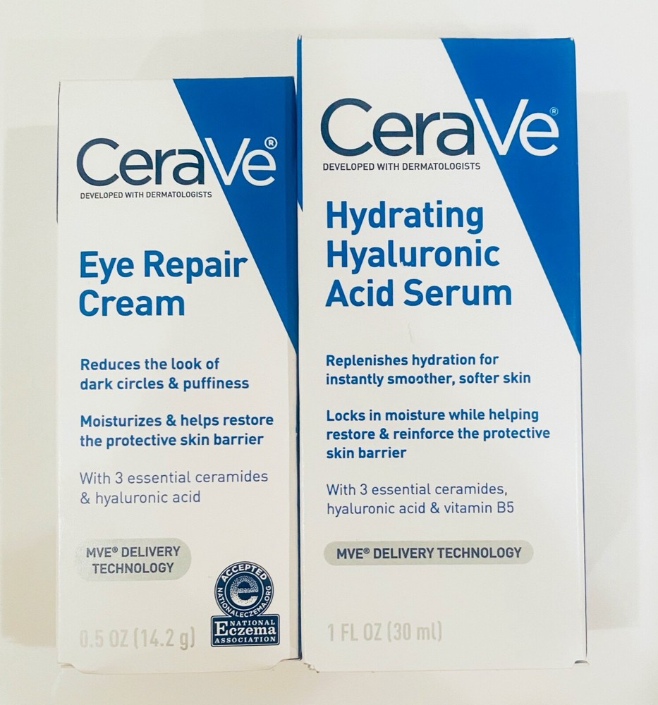 CeraVe Hydrating Hyaluronic Acid Face Serum 1oz & Eye Repair Cream .5oz, Full Sz