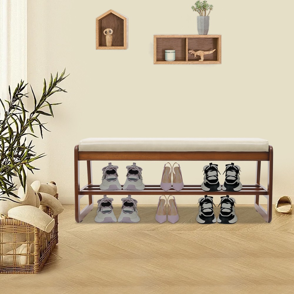 2-Tier Brown Shoe Rack Bench with Storage Organizer and Seat Cushion for Entryway