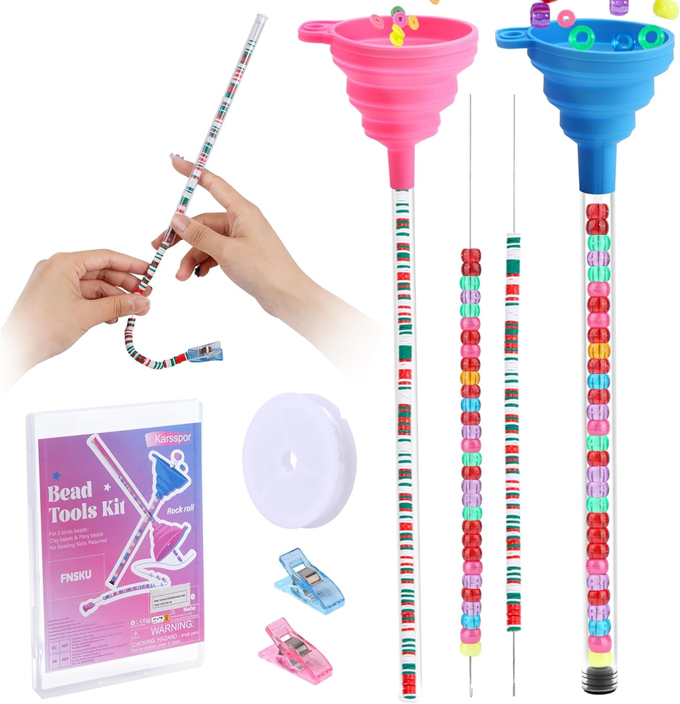 2-Size Beading Funnel for Clay & Pony Beads, Bracelet Making Kit with N