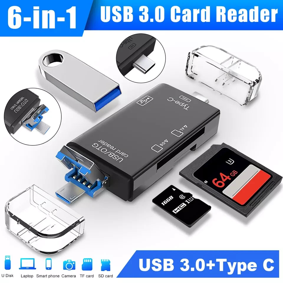 6-in-1 USB 3.0 Card Reader USB Type C TF SD OTG Memory Adapter Laptop Computer