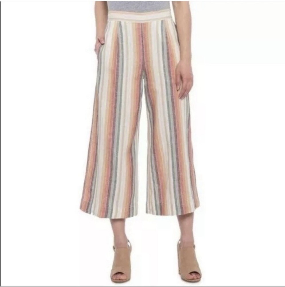 BeachLunchLounge Pull On Pants Multicolor Stripe Linen Crop Wide Leg Women SM