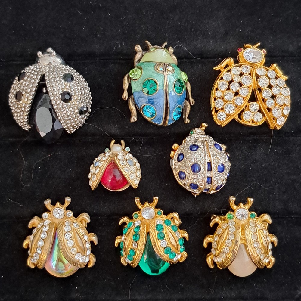 Vintage Rhinestone Ladybug Brooch Lot of 8 Jelly Belly Stunning Excellent Condition