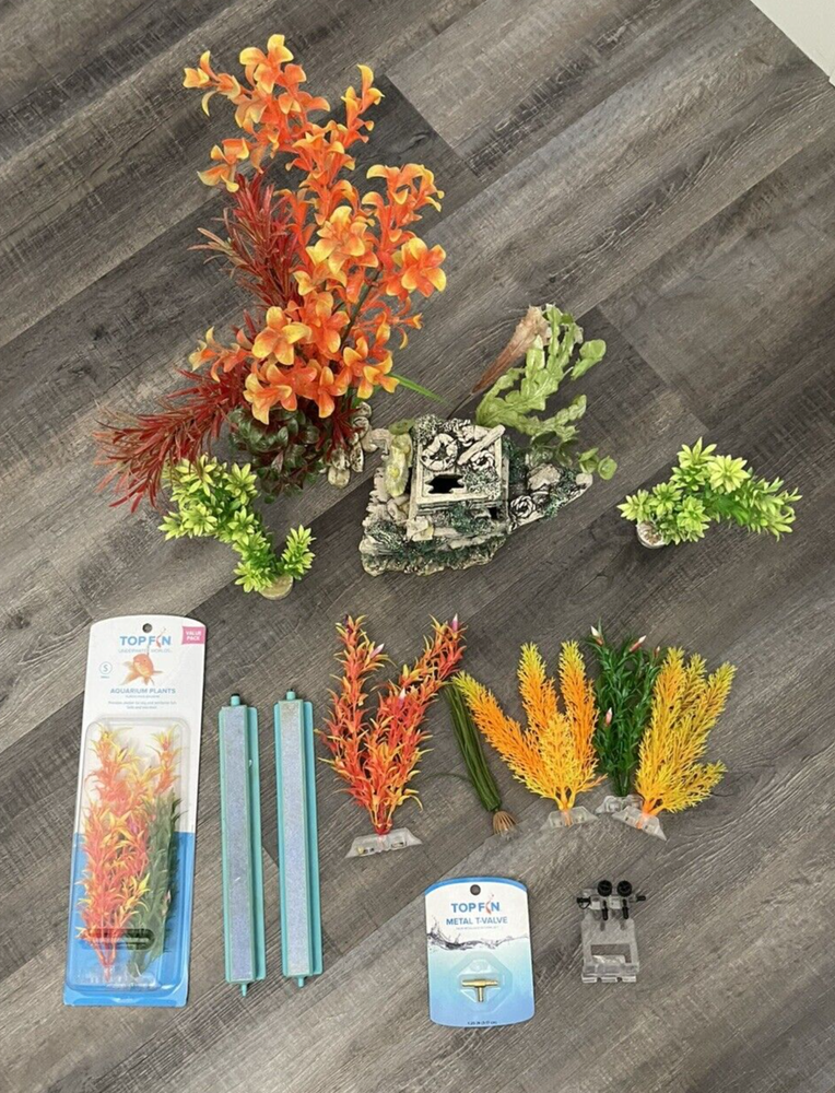 15 Piece Aquarium Fish Tank Accessories Lot - Plants, Ship, 2 & 4 Way Air Valves