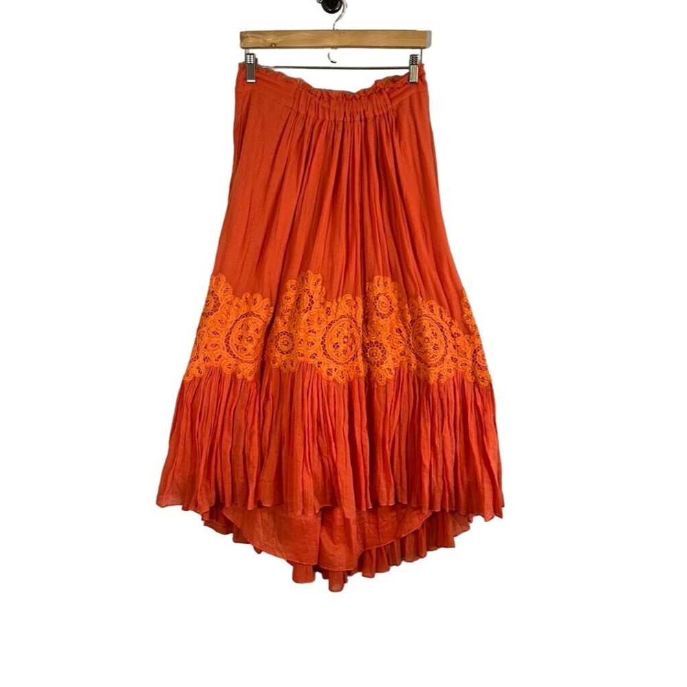 Floreat Orange Floral Embroidery Pleated Boho Skirt for Women Rave Festival
