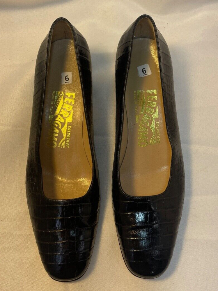 Salvatore Ferragamo Black Croc Print Leather Low Heel Shoes Size 6