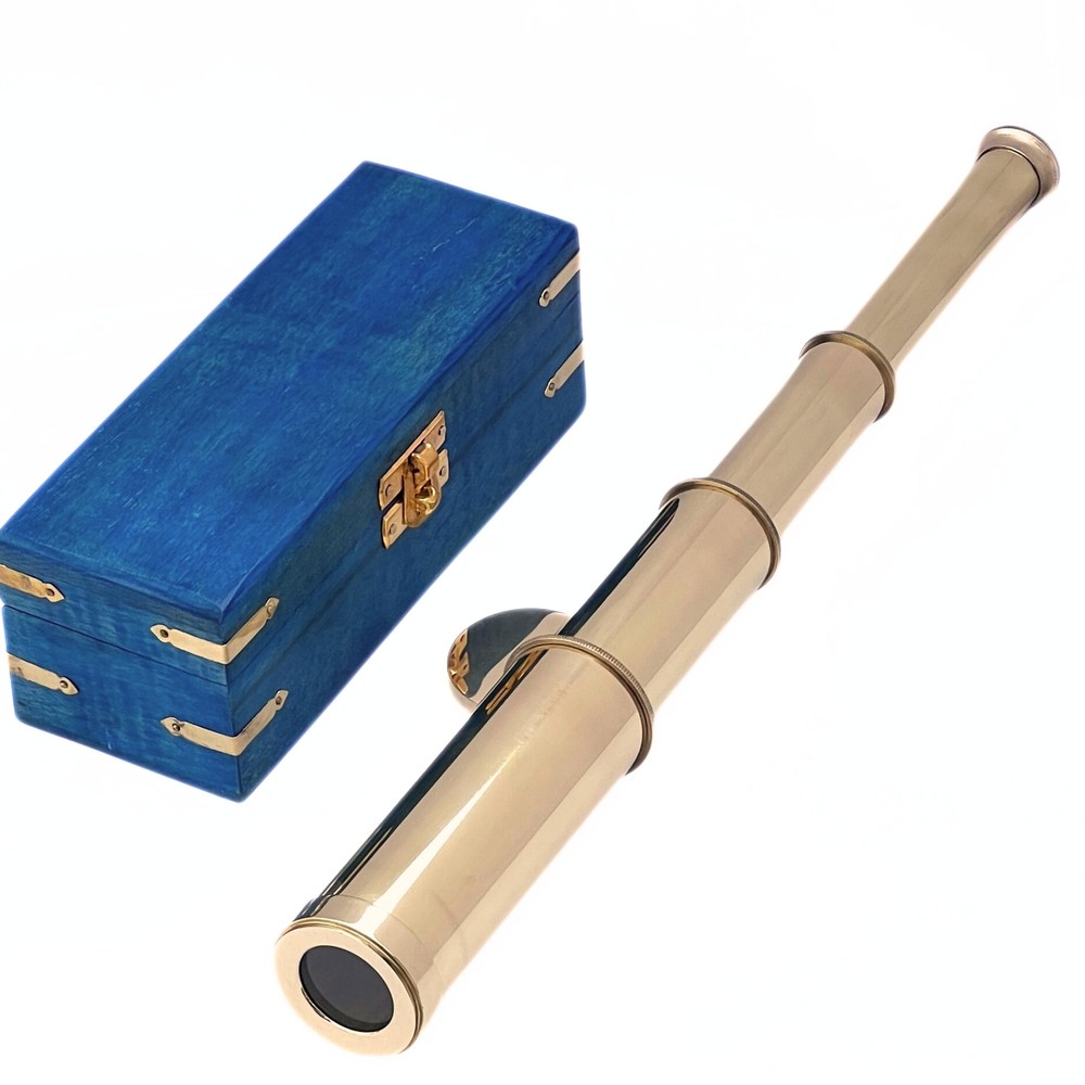 Nautical Brass Handheld Telescope in Blue Wooden Box Pirate Spyglass Sailor Accessory
