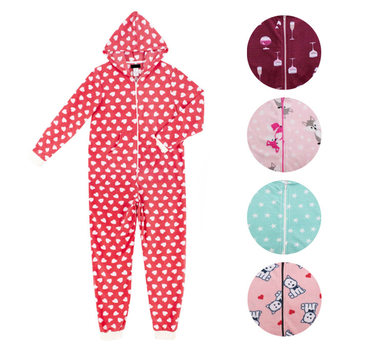 Women's Brushed Fleece Hooded Adult Jumpsuit Zipper Printed 1Onesie Pajamas