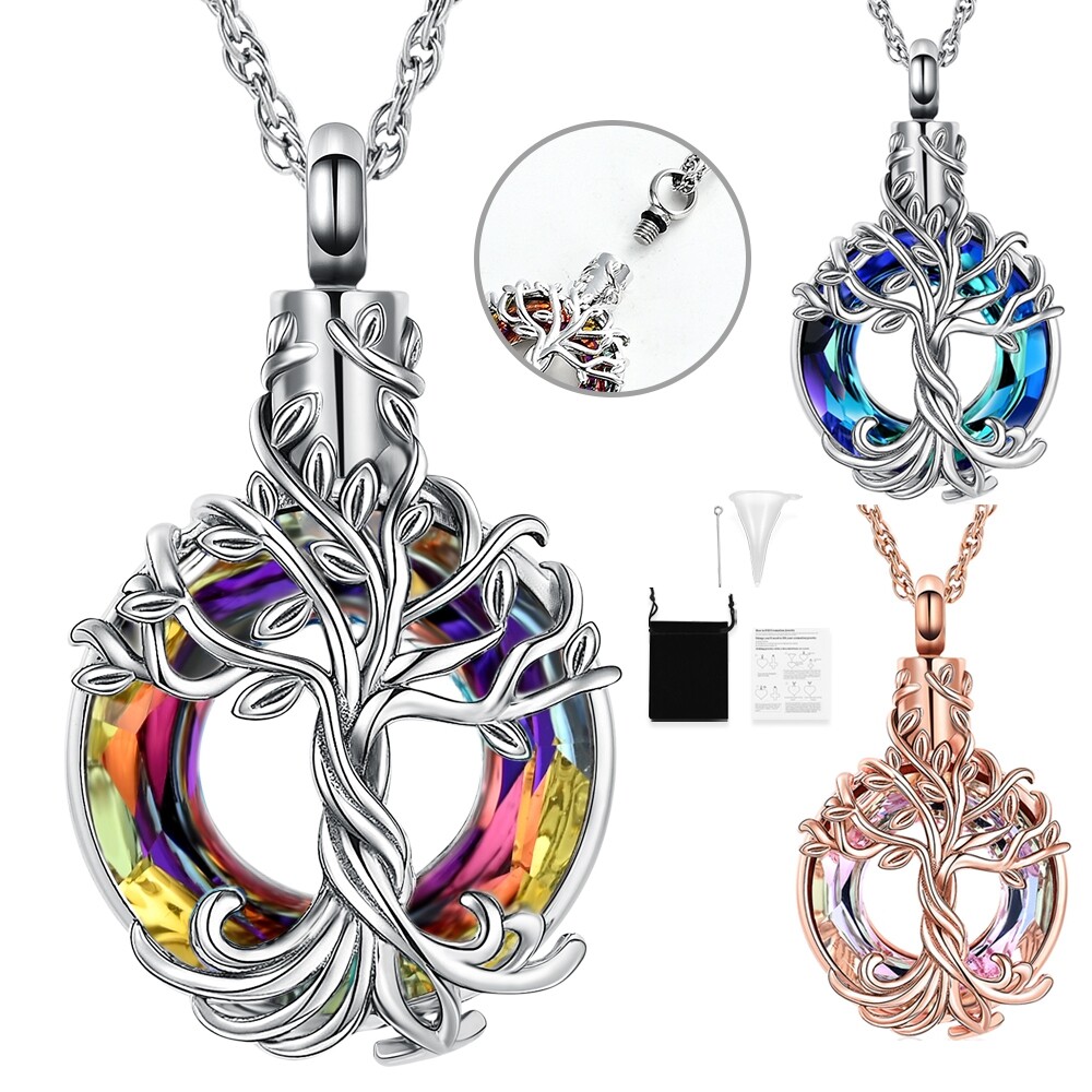 Tree of Life Cremation Urn Necklace with Crystal and Funnel Filler