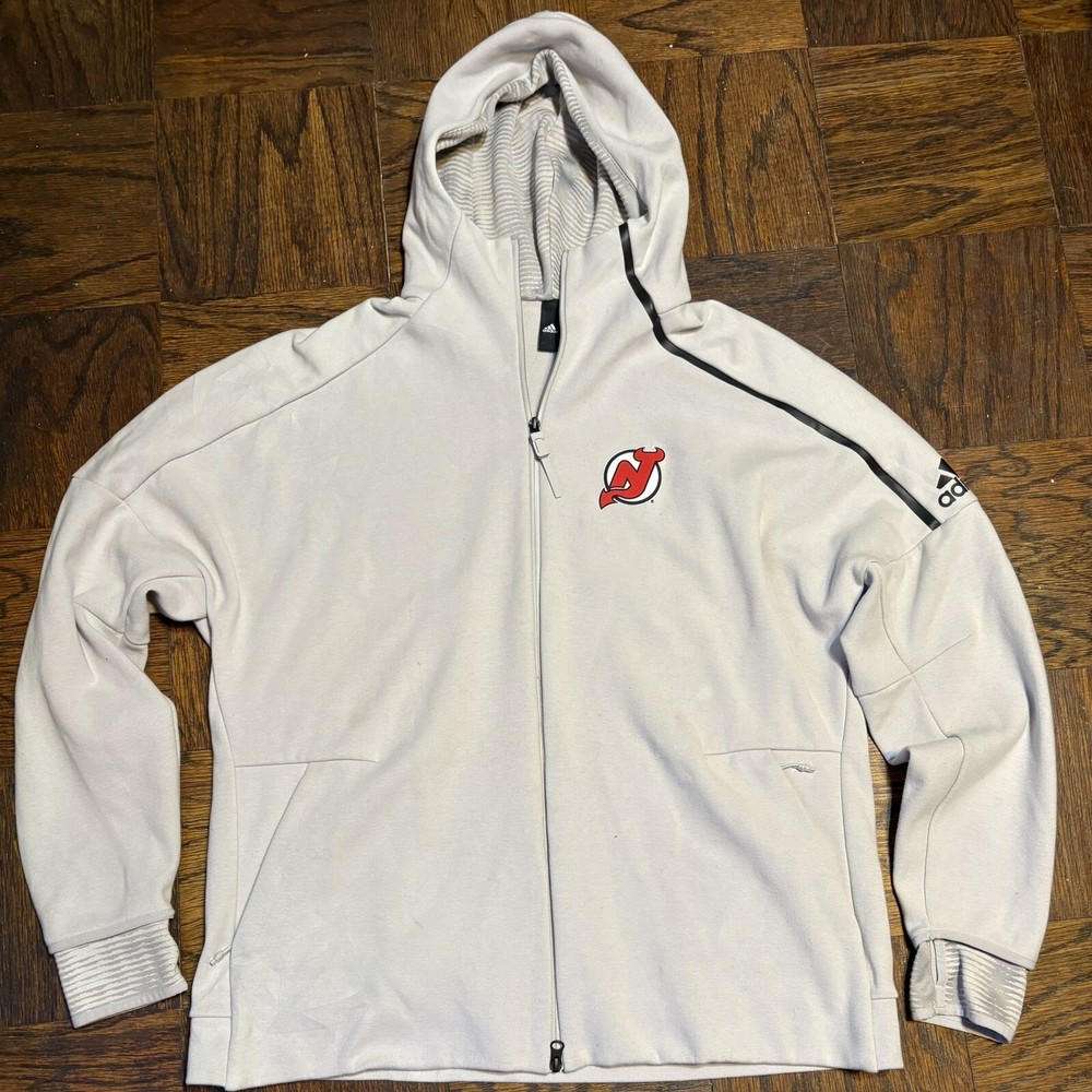 Men's New Jersey Devils NHL Adidas Gray Full-Zip Hooded Jacket Measures 2XL