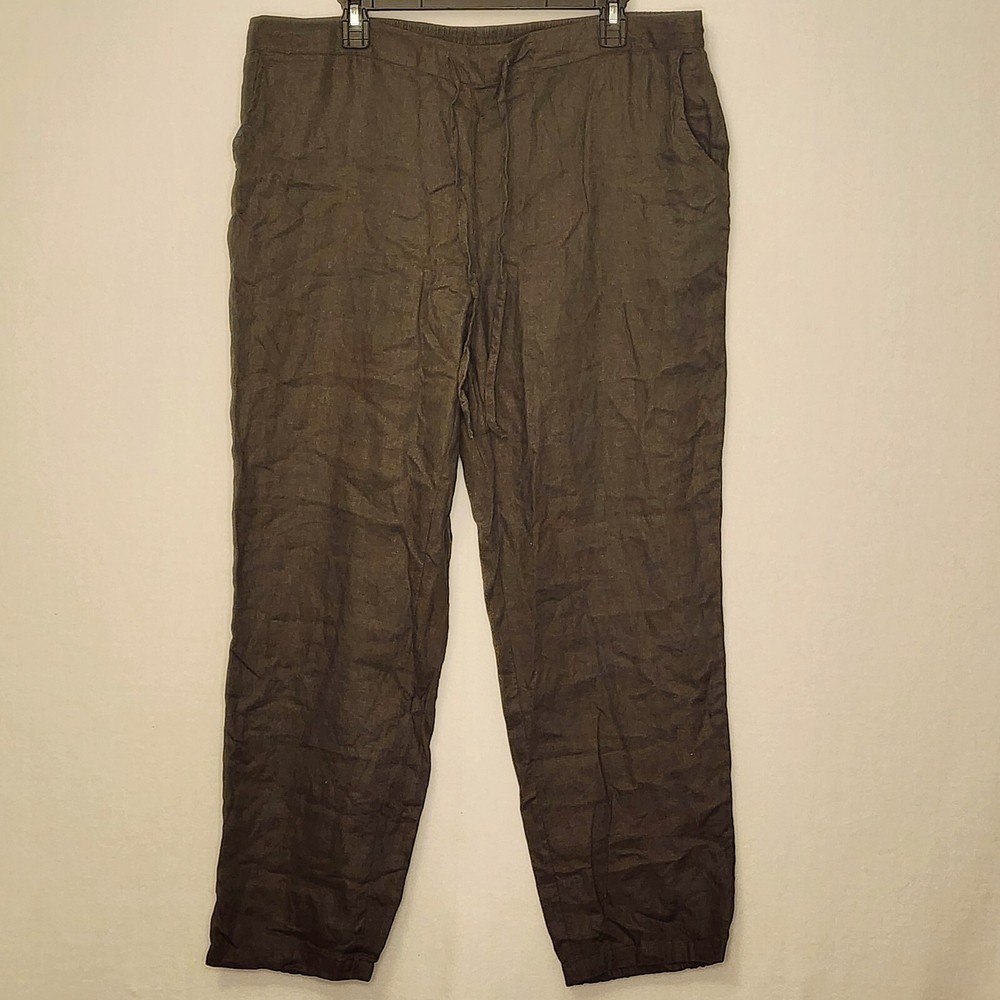 Iximo Tapered 100% Linen Drawstring Back Elastic Waist Olive Pants Women's XXL