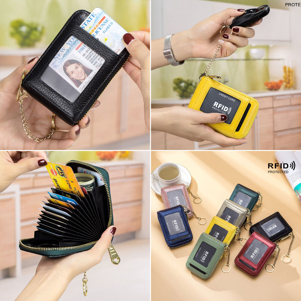 RFID Blk Credit Card Case Organizer Leather Zip Security Wallet with Key Ring US