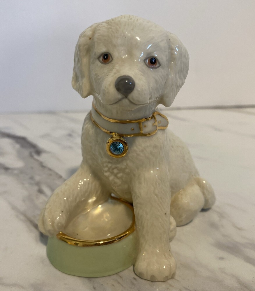 Golden Retriever Puppy Figurine with 24k Gold Gilding and Blue Stone Accent Bowl  