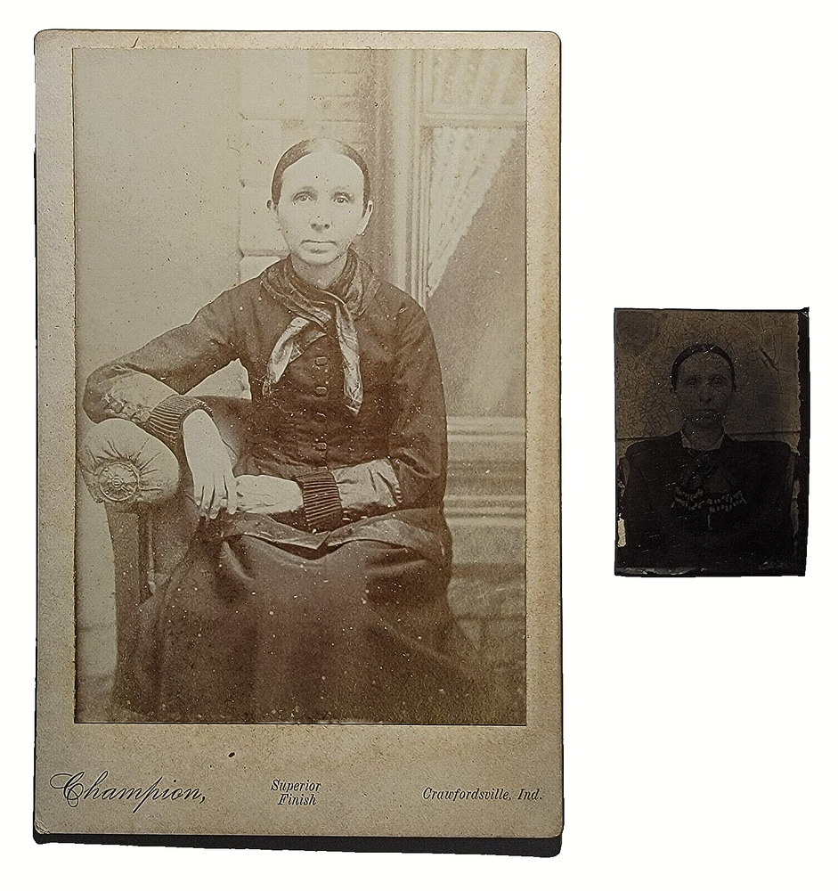 VINTAGE OLD ANTIQUE CABINET CARD AND TINTYPE PHOTO BEAUTIFUL LADY BLACK DRESS