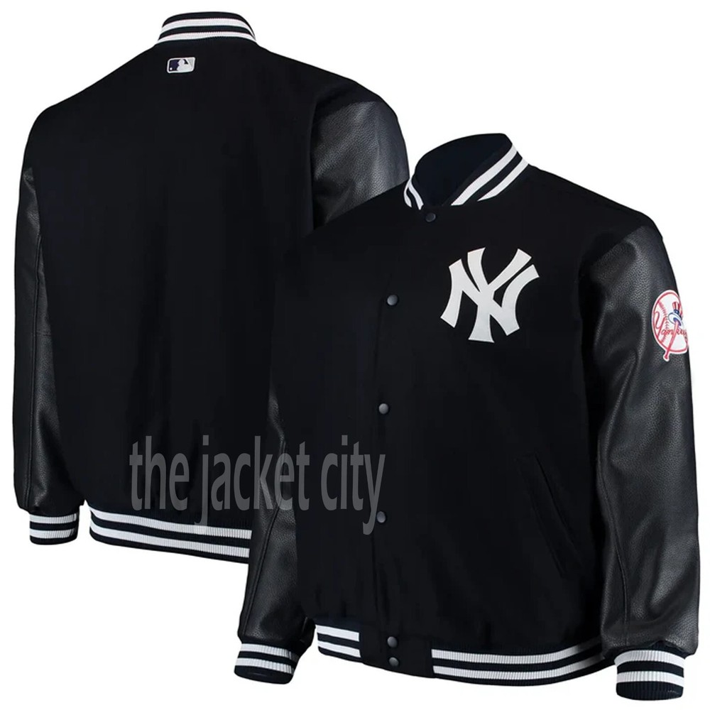 MLB NY Yankees Black Wool & Leather Vintage Style Letterman Varsity Jacket
