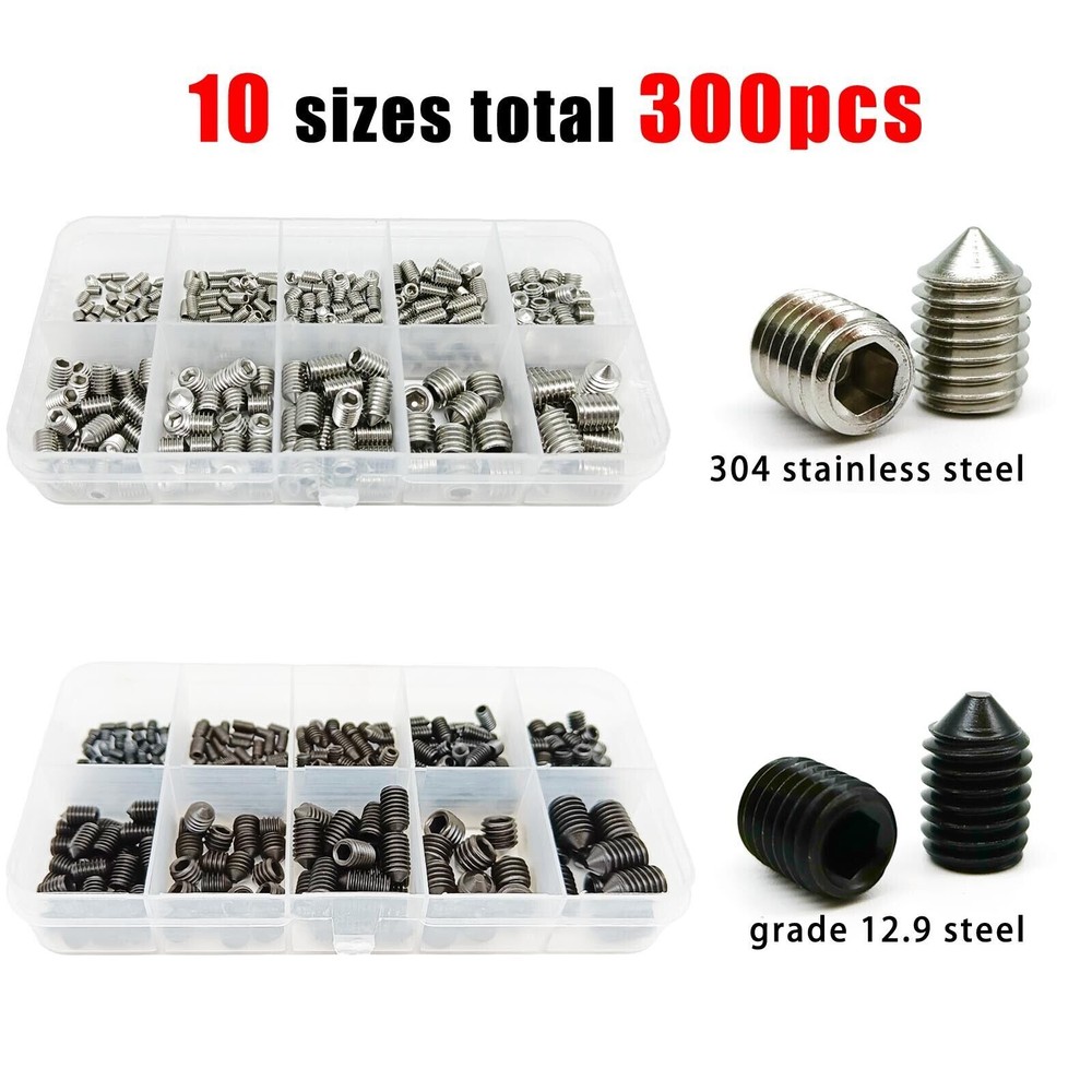 300pcs M3-M8 DIN914 Hex Hexagon Socket Cone Point Grub Bolt Set Screw Kit Box