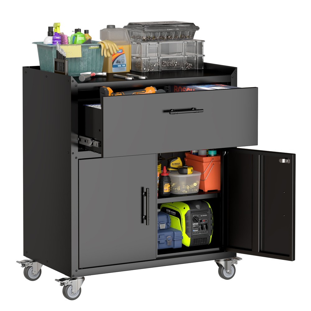Lockable Rolling Tool Cabinet with 2 Doors and 1 Drawer Garage Storage Cart