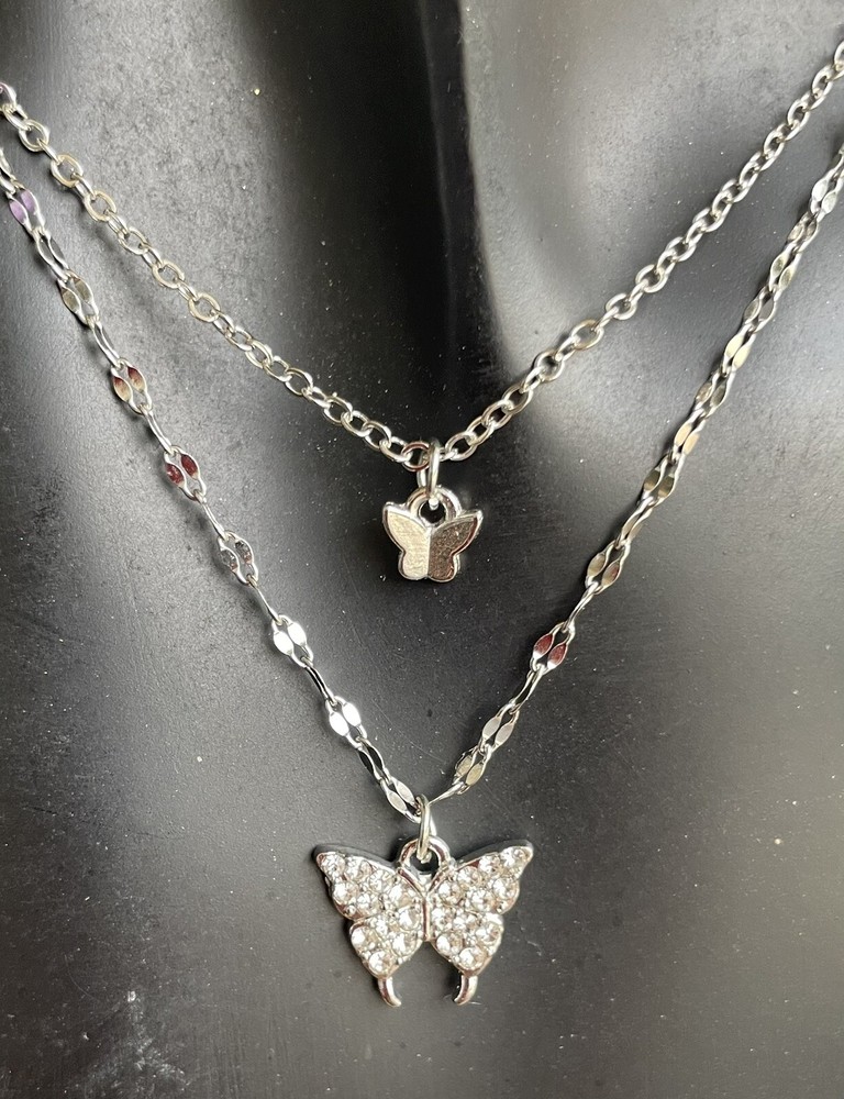 Butterfly Pendant Silver Double Necklace Rhinestones Silver Chain Adjustable