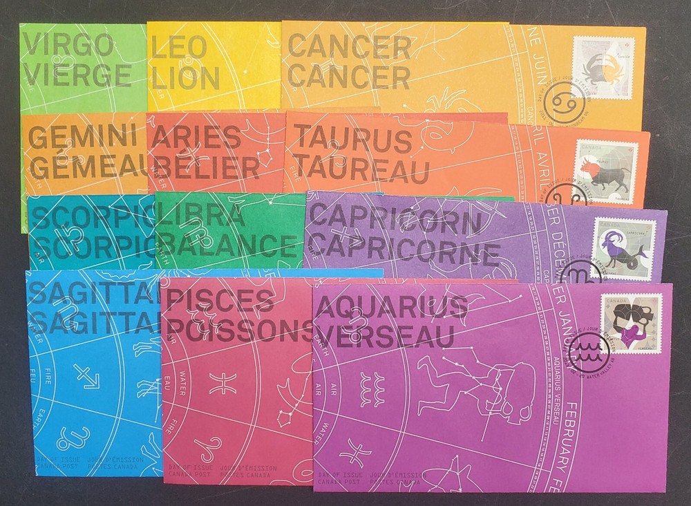Collection of 12 Colorful Canada Zodiac Signs 2011-2013 FDCs
