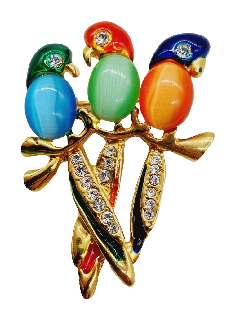Jelly Belly Three Parrots Brooch with Cats Eye Rhinestones in Gold Tone Multicolor