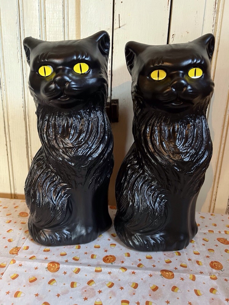 Blow Mold Black Halloween Cat Decorations Spooky Yellow Eyes 11” PAIR