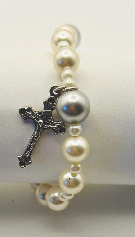 Pearl Beaded Stretch Rosary Bracelet with Italian Crucifix One Decade