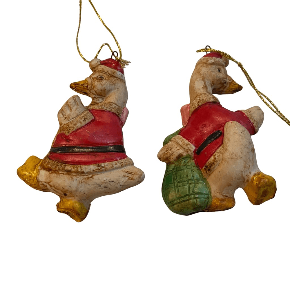 Vintage Ceramic Duck Christmas Tree Ornaments Set of 2 Rustic Xmas Decor 3.5 Inch