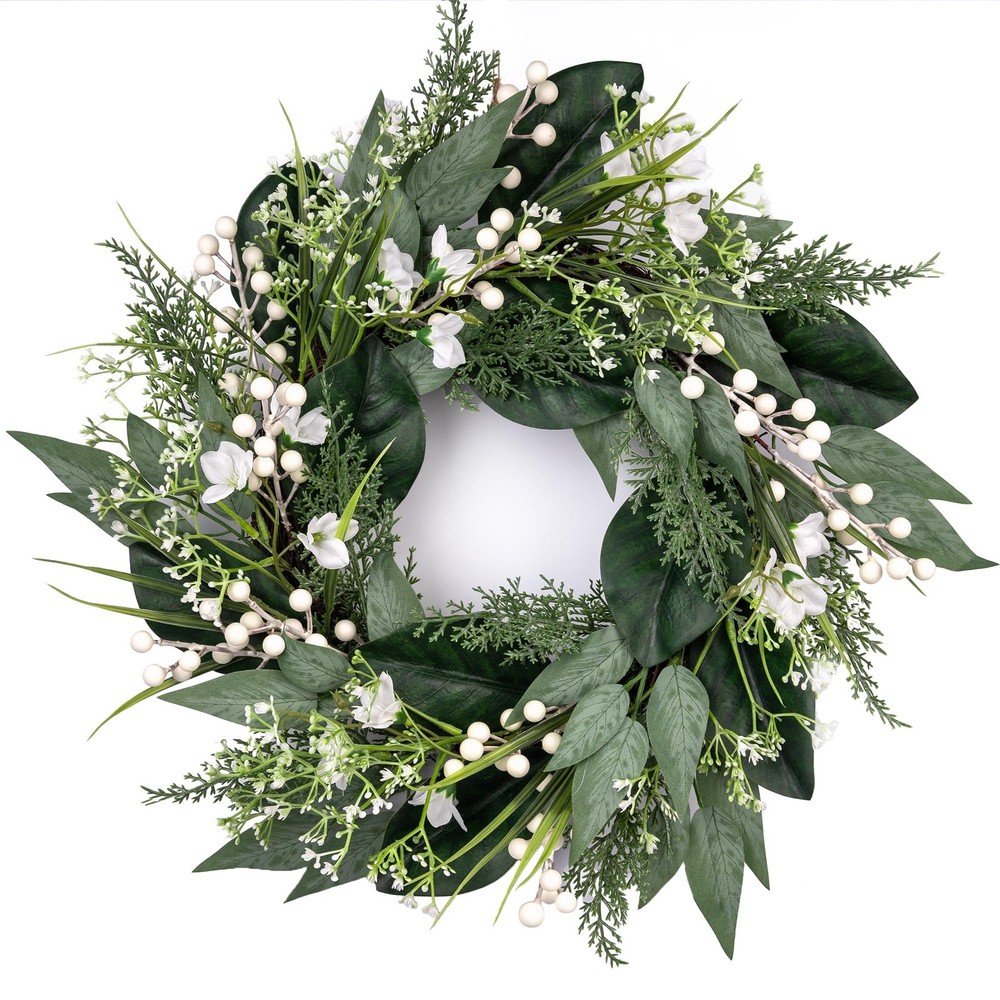 20 Inch White Spring Wreath with Berries and Flowers for Doors or Windows