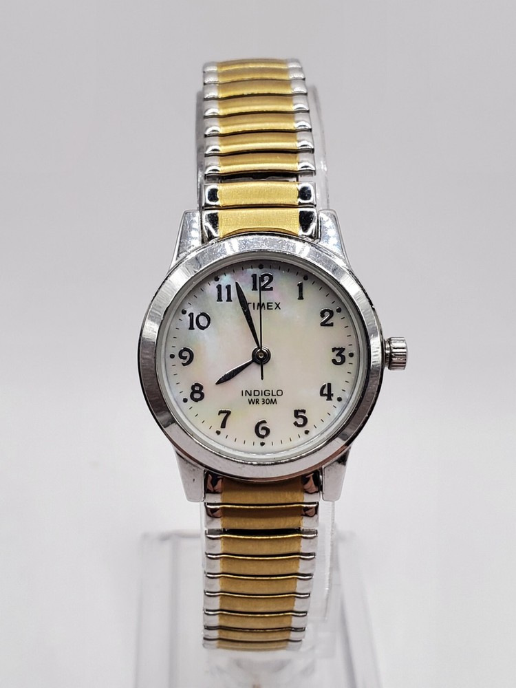 Timex Ladies Quartz Watch 25mm Round Silver/Gold Tone Stretch Bracelet MOP