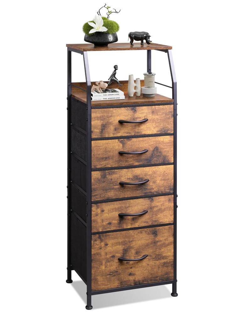 Tall Nightstand with 5 Fabric Drawers and 2 Shelves for Bedroom Storage