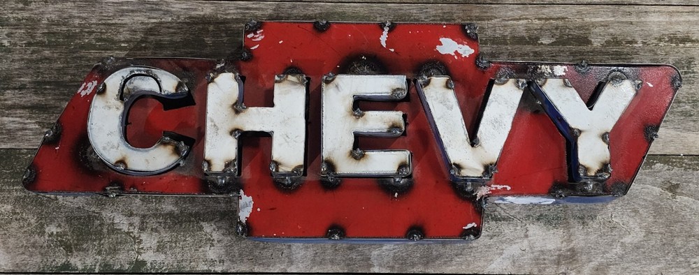 *Recycled Tin Metal CHEVY Bow Tie Sign Gas Oil Garage Man Cave Home Decor
