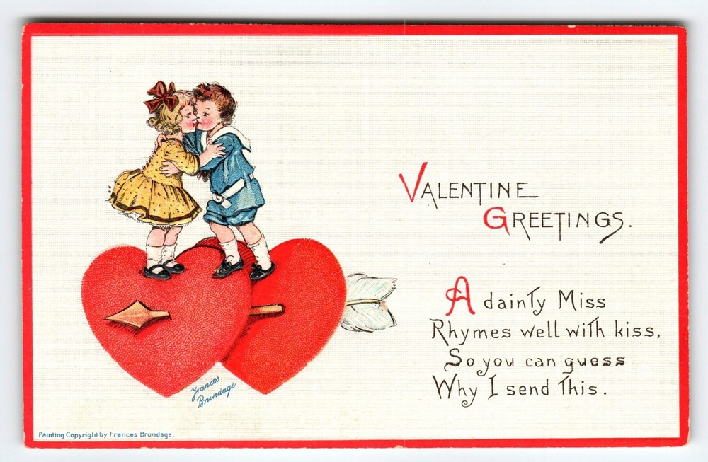 Frances Brundage Valentine Postcard Kids Kissing On Hearts 414 Gabriel Signed