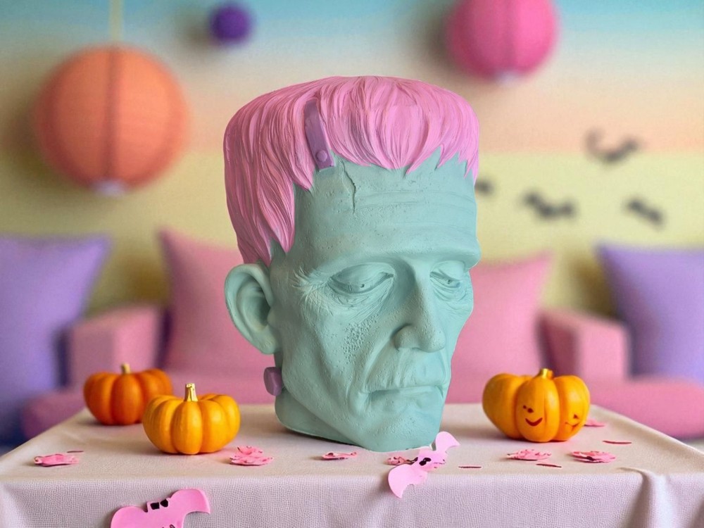 LRG Pastel Shabby Chic Pink Green Halloween Frankenstein Head Decor
